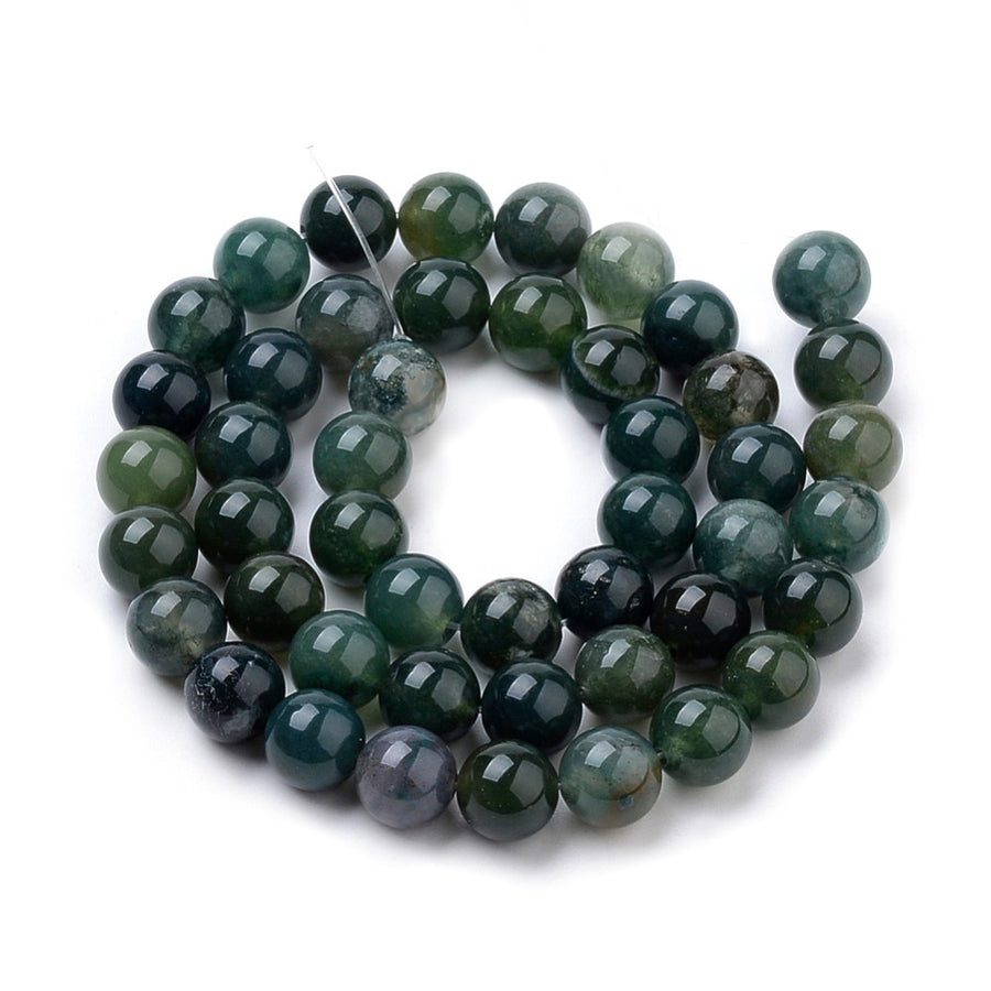 Premium Quality Natural Moss Agate Beads, Round, Dark Green Color. Semi-Precious Gemstone Beads for Jewelry Making. Great for Stretch Bracelets and Necklaces.  Size: 6mm Diameter, Hole: 1mm; approx. 62pcs/strand, 15" Inches Long.  Material: Natural Moss Agate, Dark Emerald Green Color. Polished, Shinny Finish. bead lot