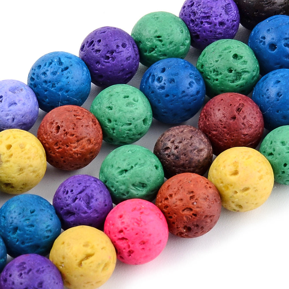 Multi-Colored Lava Stone Beads, Round, Bumpy, Playful, Vibrant Multi-Color. Semi-Precious Lava Stone Beads for Jewelry Making. Great Addition to Mala Bracelets Designs.  Size: 10mm Diameter, Hole: 1mm; approx. 38pcs/strand, 14.5" inches long.