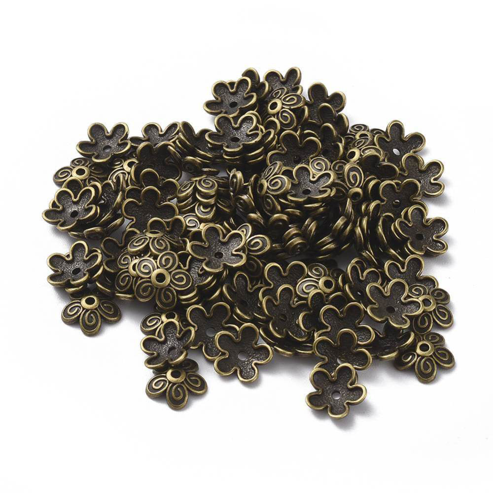 Multi Petal Alloy Flower Spacer Beads. Flower Shaped Bead Caps, Bronze Color. Flower Spacers for DIY Jewelry Making Projects.   Size: 10mm Diameter, 3.5mm Thick, Hole: 1.5mm, approx. 50pcs/package.  Material: Alloy Multi Petal Flower Bead Caps. Antique Bronze Color. Lead, Cadmium & Nickel Free.