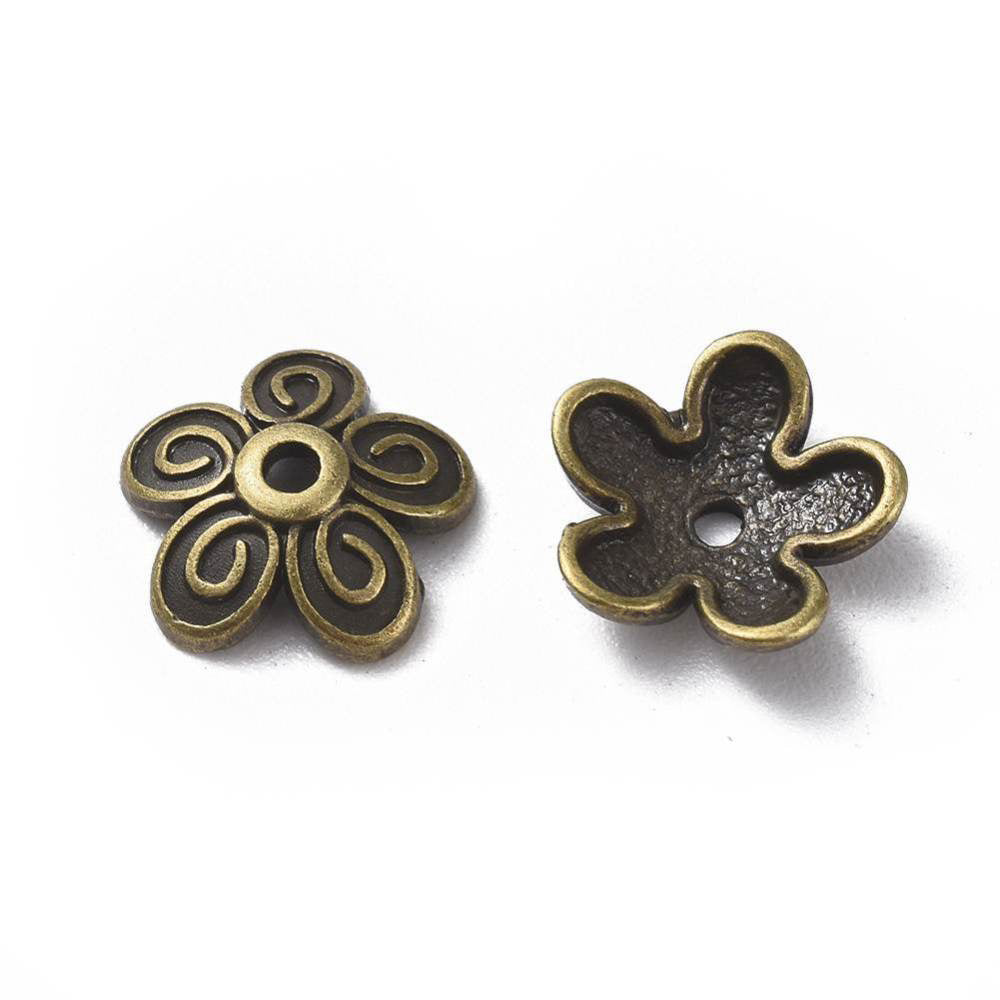 ﻿Multi Petal Alloy Flower Spacer Beads. Flower Shaped Bead Caps, Bronze Color. Flower Spacers for DIY Jewelry Making Projects.   Size: 10mm Diameter, 3.5mm Thick, Hole: 1.5mm, approx. 50pcs/package.  Material: Alloy Multi Petal Flower Bead Caps. Antique Bronze Color. Lead, Cadmium & Nickel Free.