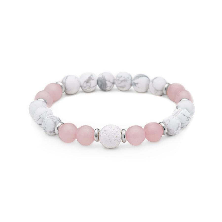 White Howlite, Rose Quartz & Lava Rock Crystal Bracelet, Essential Oil Diffusing Jewelry, Semi-Precious Gemstone Beads, 7.5 inches stackable stretch bracelet, mala bracelet; gemstone bracelet