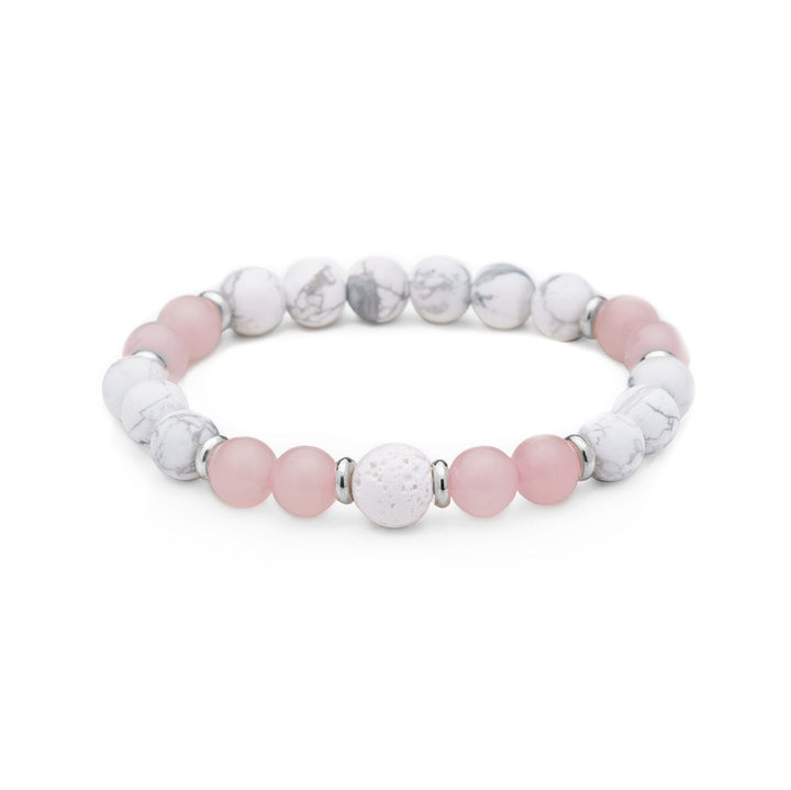 White Howlite, Rose Quartz &amp; Lava Rock Crystal Bracelet, Essential Oil Diffusing Jewelry, Semi-Precious Gemstone Beads, 7.5 inches stackable stretch bracelet, mala bracelet; gemstone bracelet
