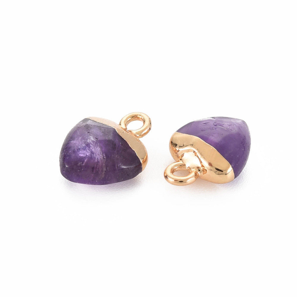 Natural Amethyst Heart Shaped Charms, Purple Color with Golden Plated Findings. Semi-precious Gemstone Pendant for DIY Jewelry Making.  Size: 13-13.5mm Length, 10-10.5mm Wide, 5mm Thick, Hole: 1.5mm, 1pcs/package.   Material: Genuine Natural Amethyst Charms, Gold Plated Iron Findings. Heart Shaped Stone Pendants. Polished Finish. 