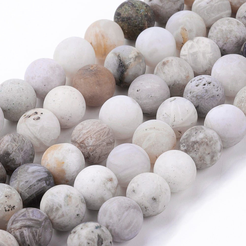 Natural Bamboo Leaf Agate Beads Strands, Frosted, Round. Matte Natural Bamboo Leaf Agate Gemstone Beads for DIY Jewelry Making. Perfect Matte Gemstone Beads for Mala Bracelet Making. bead lot, beads and more. beadlotcanada. www.beadlot.com