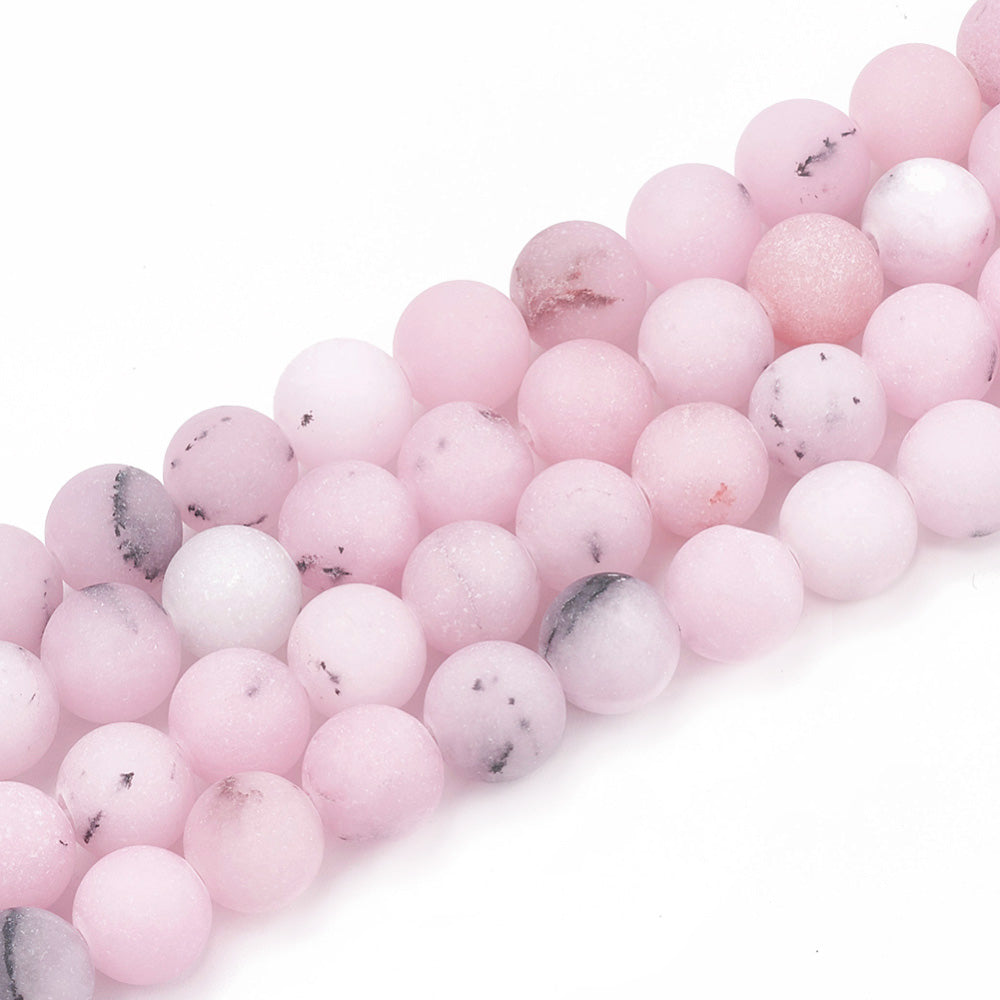 Frosted Natural Cherry Blossom Jasper Beads, Round, Pink Color. Matte Semi-precious Gemstone Beads for DIY Jewelry Making. High Quality Beads.  Size: 8mm Diameter, Hole: 1mm, approx. 47pcs/strand, 15.25" Inches Long.  Material: Cherry Blossom Loose Stone Beads, High Quality Frosted, Unpolished Jasper Stone Beads. Pink Color. Matte Finish.  www.beadlot.com
