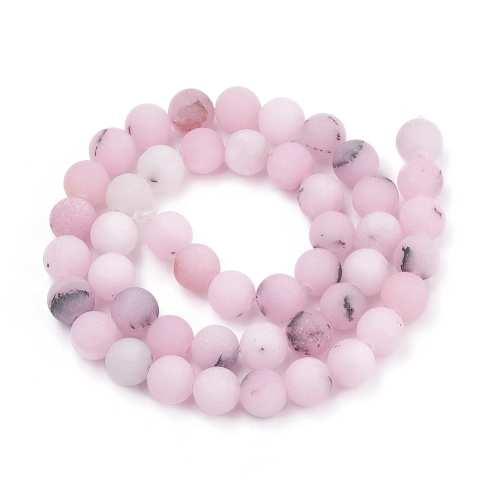 Frosted Natural Cherry Blossom Jasper Beads, Round, Pink Color. Matte Semi-precious Gemstone Beads for DIY Jewelry Making. High Quality Beads.  Size: 8mm Diameter, Hole: 1mm, approx. 47pcs/strand, 15.25" Inches Long.  Material: Cherry Blossom Loose Stone Beads, High Quality Frosted, Unpolished Jasper Stone Beads. Pink Color. Matte Finish.  bead lot