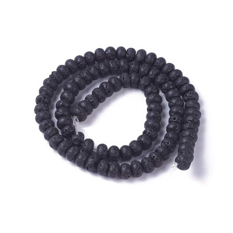 Natural Lava Rock Bead Strands, Rondelle, Bumpy, Black Color. Semi-Precious Lava Beads.  Size: 6-6.5mm Diameter, 4-4.5mm Thick, Hole: 0.7mm; approx. 91pcs/strand, 15" Inches Long.  Material: The Beads are Natural Lava Stone; Lava Beads (Basalt) are a Form of Molten Rock. Lava Stones are Fairly Lightweight; Making them Great for Jewelry. 