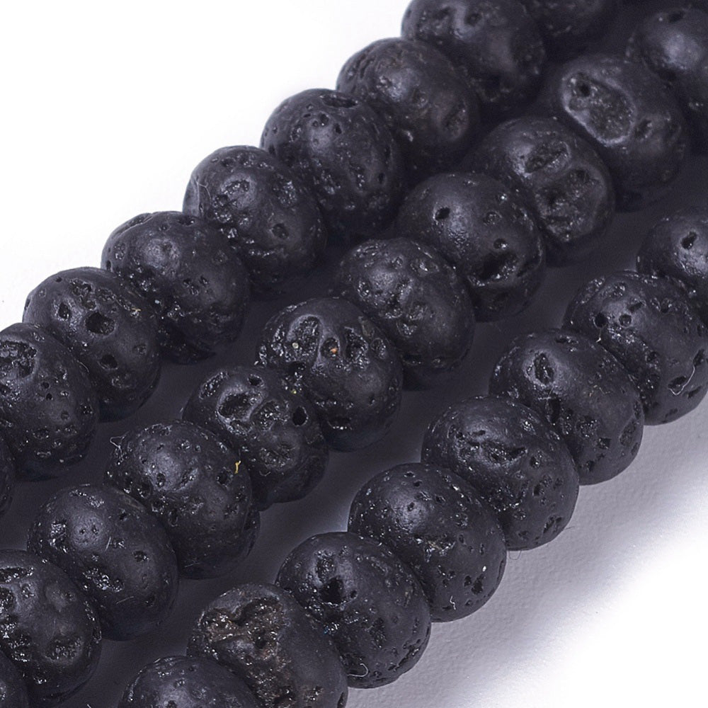 Natural Lava Rock Bead Strands, Rondelle, Bumpy, Black Color. Semi-Precious Lava Beads.  Size: 6-6.5mm Diameter, 4-4.5mm Thick, Hole: 0.7mm; approx. 91pcs/strand, 15" Inches Long.  Material: The Beads are Natural Lava Stone; Lava Beads (Basalt) are a Form of Molten Rock. Lava Stones are Fairly Lightweight; Making them Great for Jewelry. 