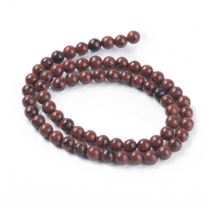 Natural Mahogany Obsidian Beads, Round, Mahogany Brown Color. Semi-Precious Gemstone Beads for DIY Jewelry Making.    Size: 8mm Diameter, Hole: 1mm, approx. 47 pcs/strand, 15.5" inches long.  Material: Genuine Mahogany Obsidian Loose Gemstone Beads. Mahogany Reddish Brown Color with Black Markings. Polished, Shinny Finish.