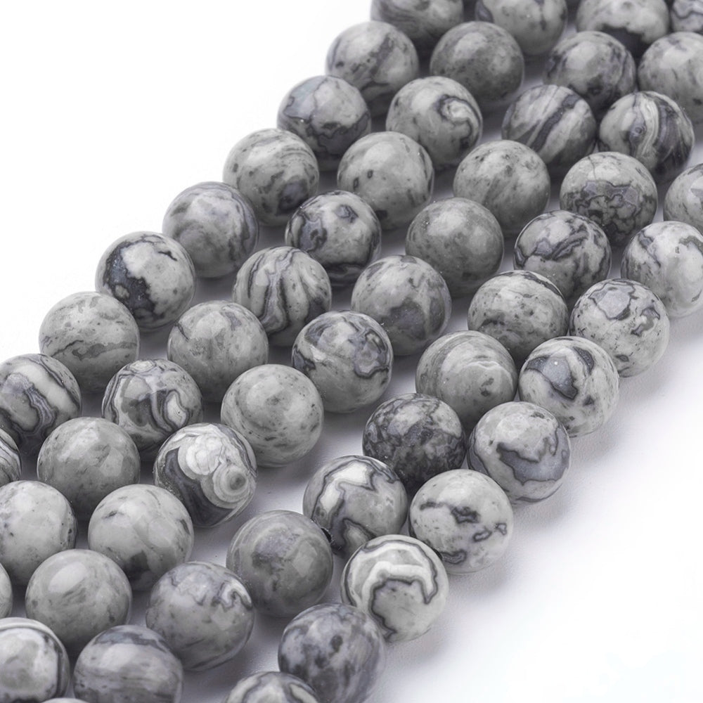 Natural Map Stone Jasper Beads, Round, Grey Color. Semi-Precious Gemstone Beads for DIY Jewelry Making. Great for Making Mala Braclets and Necklaces.  Size: 6mm Diameter, Hole: 1mm; approx. 60~65pcs/strand, 15 inches.  Material: Genuine Natural Map Stone/Picasso Stone/Picasso Jasper, Loose Stone Beads, Grey Color. High Quality Polished Stone Beads. Shinny Finish.  bead lot.