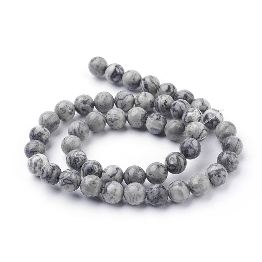 Natural Map Stone Jasper Beads, Round, Light Grey Color. Semi-Precious Gemstone Beads for DIY Jewelry Making. Great for Making Stretch Bracelets.  Size: 8mm Diameter, Hole: 1mm; approx. 46pcs/strand, 15.5 Inches Long. www.beadlot.com