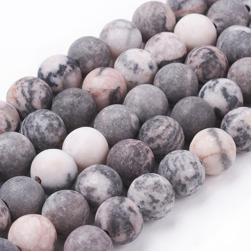 Frosted Natural Pink Zebra Jasper Bead Strands, Round, Soft Pink, Grey, Cream Color. Matte Semi-precious Gemstone Pink Zebra Jasper Beads for DIY Jewelry Making.  High Quality Beads, Perfect for Making Mala Bracelets.  Size: 10mm Diameter, Hole: 1mm, approx. 40pcs/strand, 15 inches long.