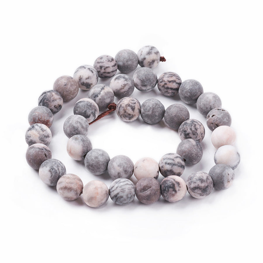 Frosted Natural Pink Zebra Jasper Bead Strands, Round, Soft Pink, Grey, Cream Color. Matte Semi-precious Gemstone Pink Zebra Jasper Beads for DIY Jewelry Making.  High Quality Beads, Perfect for Making Mala Bracelets.
