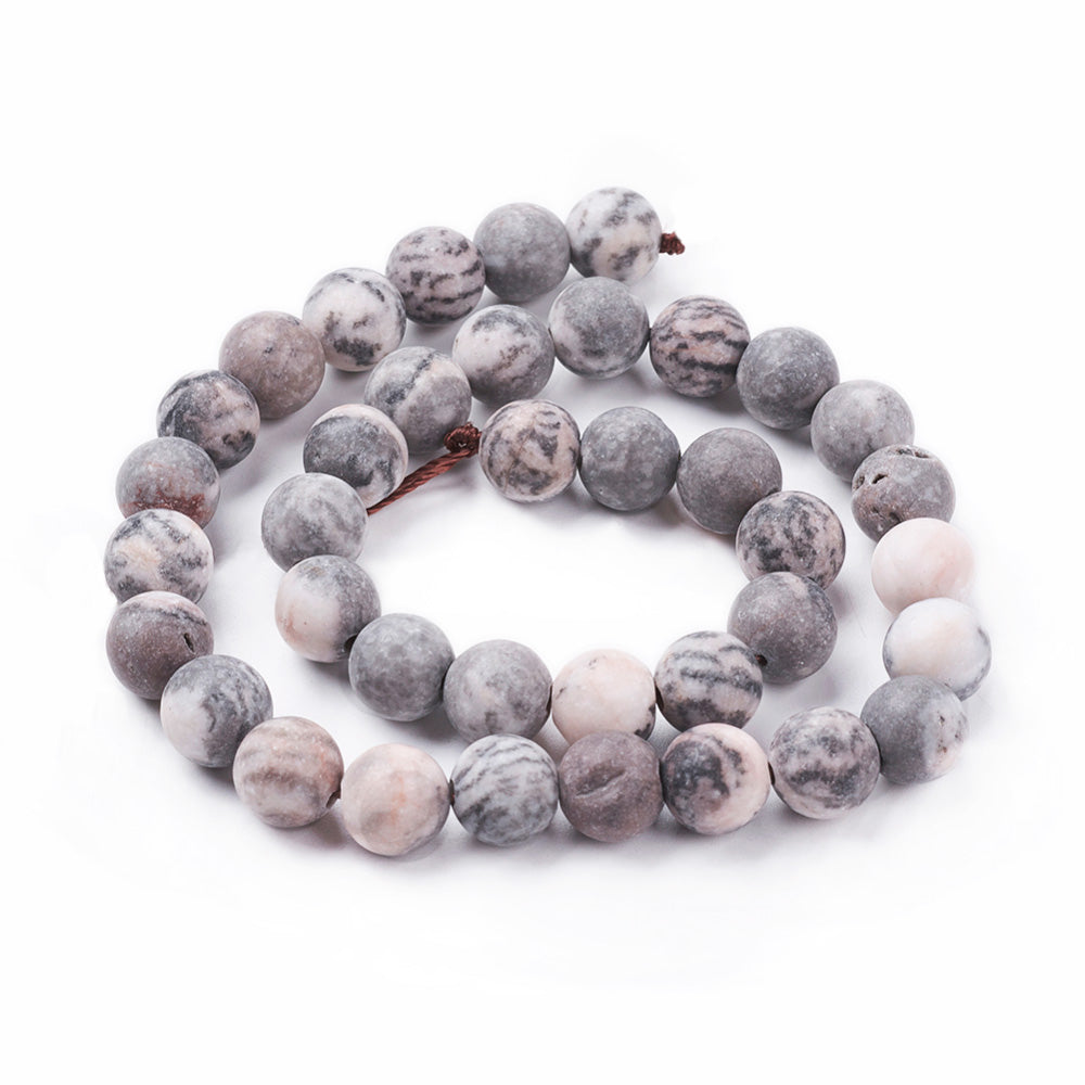 Frosted Natural Pink Zebra Jasper Bead Strands, Round, Soft Pink, Grey, Cream Color. Matte Semi-precious Gemstone Pink Zebra Jasper Beads for DIY Jewelry Making.  High Quality Beads, Perfect for Making Mala Bracelets.  Size: 8mm Diameter, Hole: 0.8mm, approx. 47pcs/strand, 15 inches long. bead lot