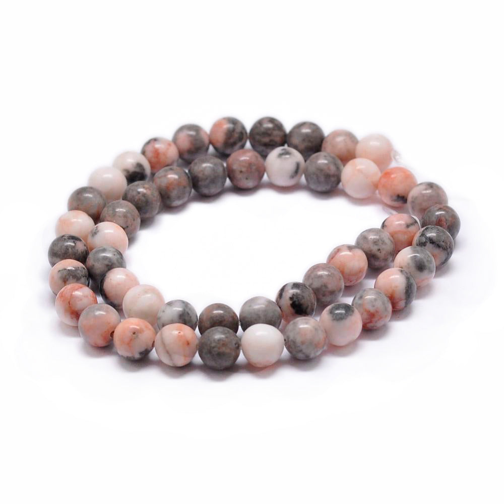 Natural Pink Zebra Jasper Bead Strands, Round, Soft Pink, Grey, Cream Color. Semi-precious Gemstone Pink Zebra Jasper Beads for DIY Jewelry Making.  High Quality Beads, Perfect for Making Mala Bracelets.