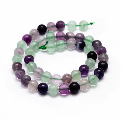 Natural Rainbow Fluorite Bead Strands, Round, Fluorite Gemstone Beads for DIY Jewelry Making. Semi-precious Fluorite Bead Strands Contain Various Shades of Green and some Purple Beads with Specs of White.  The Primary Color of the Beads is a Light Green.  Size: 8mm in diameter, hole: 1mm; approx. 48pcs/strand, 15 inches long.  bead lot