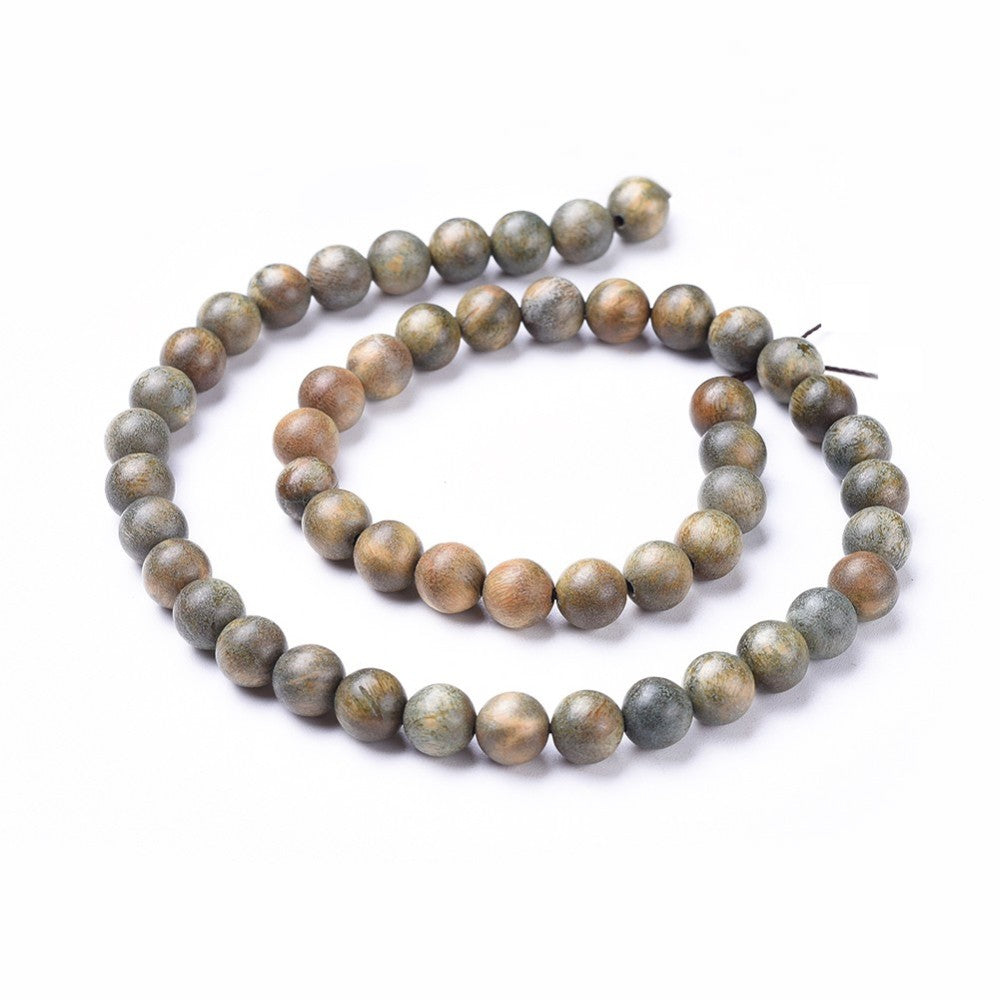 Natural Sandalwood Beads Strands, Round, Olive Colored Wooden Bead Strand for DIY Jewelry Making Projects.  Size: 8mm in diameter, hole: 1.2mm; about 51pcs/strand, 15.9 inches  Material: Genuine Natural Sandalwood Wooden Loose Beads. Undyed, Round Beads.