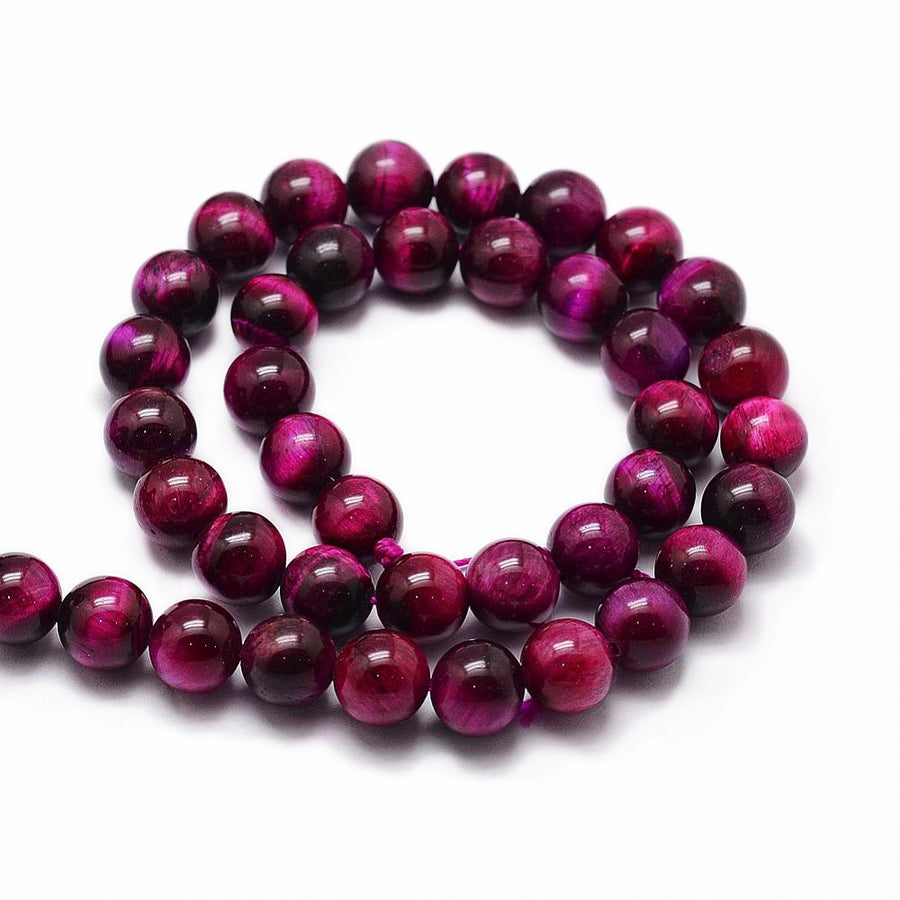 Natural Tiger Eye Beads, Dyed & Heated, Round. Dyed Fuchsia Colored Beads for DIY Jewelry Making. Gorgeous Tiger Eye Gemstone Beads, Perfect for Mala Bracelets. Deep Magenta Tiger Eye Bead Strands, High Quality Semi-precious Gemstone Beads.  Size: 8mm Diameter, Hole: 1mm; approx. 44 pcs/strand 14.9" inches long.  Material: Genuine Natural Fuchsia Tiger Eye Polished Loose Stone Beads, High Quality Gemstone Beads. Shinny Finish. 