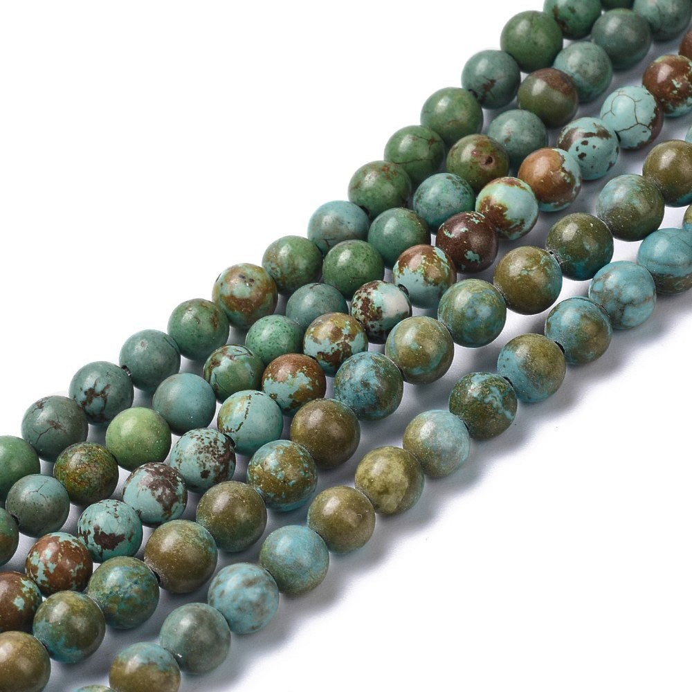 Natural Howlite Beads, Round, Turquoise Green Color. Semi-Precious Gemstone Beads for DIY Jewelry Making. Great for Mala Bracelets.  Size: 6mm Diameter, Hole: 1mm; approx. 65pcs/strand, 15" Inches Long.  Material: Genuine Howlite Green Turquoise Beads. High Quality Natural Stone Beads. Green Turquoise Color. Shinny, Polished Finish. 
