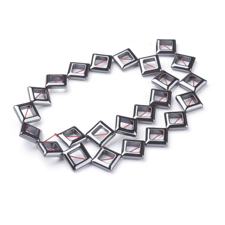 Non-Magnetic Square Shaped Synthetic Hematite Beads, Gunmetal Black Color. Semi-Precious Stone Spacer Beads for Jewelry Making.   Size: 14mm Length, 14mm Width, Hole: 1mm, approx. 22-23pcs/strand, 15" Inches Long.  Material: Non-Magnetic Synthetic Hematite Beads. Gunmetal Black Colored flat Square Shaped Spacer Beads. Polished, Shinny Metallic Lustrous Finish.