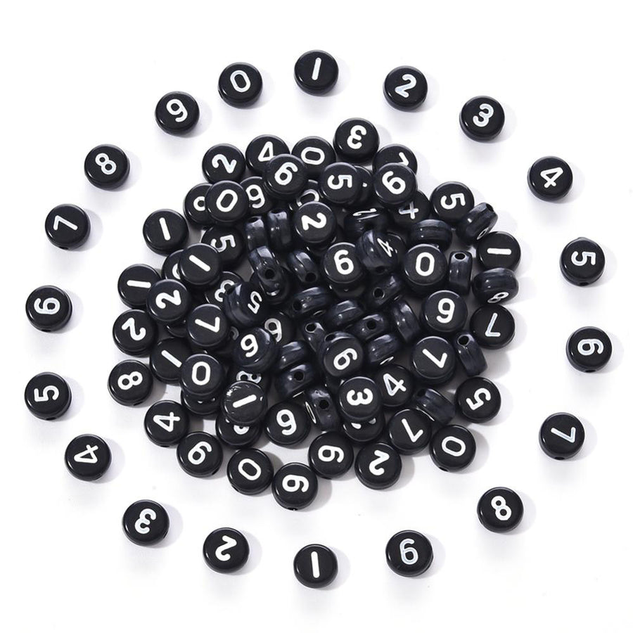 Assorted Acrylic Number Spacer Beads, White Numbers on a Black base. Numerical Spacers for DIY Jewelry Making Projects.   Size: 7mm Diameter, 3.5mm Thick, Hole: 1.2mm, approx. 100pcs/package.  Material: Acrylic Number Spacer Beads. Flat Round Shape, Black and White Color Number Beads. Black Flat Round Beads with White Numbers. Random Assortment of Numbers.