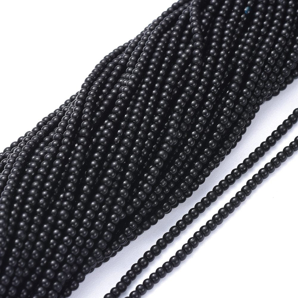 Opaque Glass Beads, Round, Black Color Glass Beads for Jewelry Making.  Size: 2.5mm Diameter, Hole: 0.7mm; approx. 175pcs/strand, 14" inches long.  Material: Opaque Black Glass Beads. Polished, Shinny Finish.