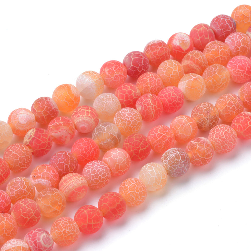 Natural Crackle Agate Beads, Dyed, Round, Orange Color. Matte Semi-Precious Gemstone Beads for Jewelry Making. Great for Stretch Bracelets and Necklaces.  Size: 10mm Diameter, Hole: 1.2mm; approx. 37pcs/strand, 14" Inches Long. bead lot. beadlot. beadlotcanada