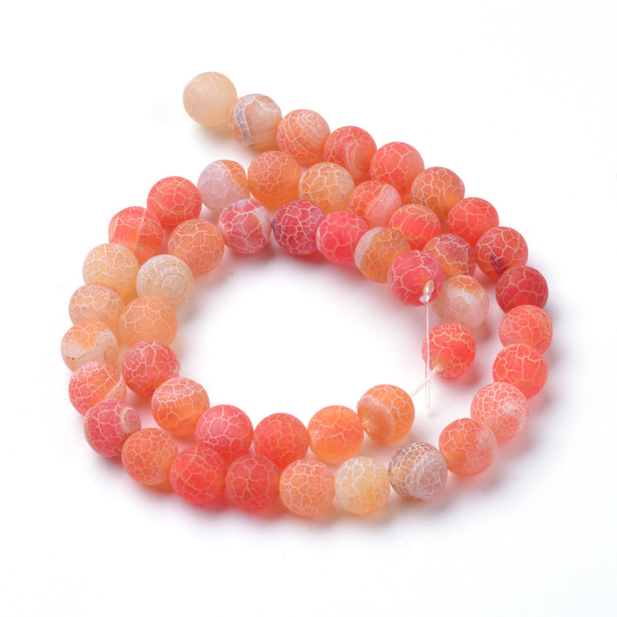 Natural Crackle Agate Beads, Dyed, Round, Orange Color. Matte Semi-Precious Gemstone Beads for Jewelry Making. Great for Stretch Bracelets and Necklaces.  Size: 10mm Diameter, Hole: 1.2mm; approx. 37pcs/strand, 14" Inches Long. bead lot.