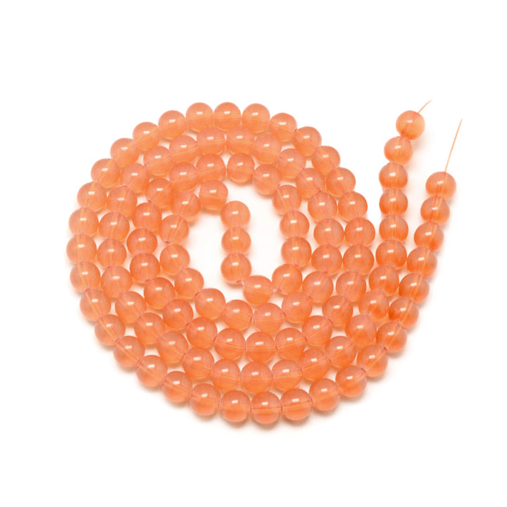 Coral Orange Opalite Imitation Glass Beads, Round Glass Beads for DIY Jewelry Making.   Size: 8-8.5mm Diameter Hole: 1mm; approx. 100pcs/strand, 31" Inches Long.  Material: The Beads are Made from Glass. Orange Colored Beads. Polished, Shinny Finish.