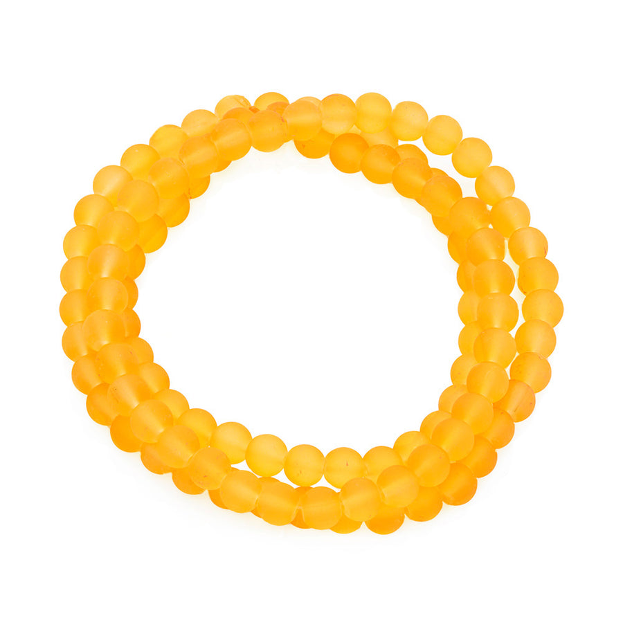 Frosted Glass Beads, Round, Gold/Orange/Yellow Color. Matte Glass Bead Strands for DIY Jewelry Making. Affordable, Colorful Frosted Beads. Great for Stretch Bracelets.  Size: 6mm Diameter Hole: 1mm; approx. 135pcs/strand, 31" Inches Long.  Material: The Beads are Made from Glass. Frosted Glass Beads, Golden Yellow Colored Beads. Unpolished, Matte Finish.