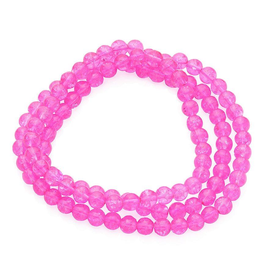 Popular Crackle Glass Beads, Round, Pink Color. Glass Bead Strands for DIY Jewelry Making. Affordable, Colorful Crackle Beads. Great for Stretch Bracelets.  Size: 6mm Diameter Hole: 1.3mm; approx. 125pcs/strand, 31" Inches Long.  Material: The Beads are Made from Glass. Crackle Glass Beads, Bright Pink Colored Beads. Polished, Shinny Finish. www.beadlot.com
