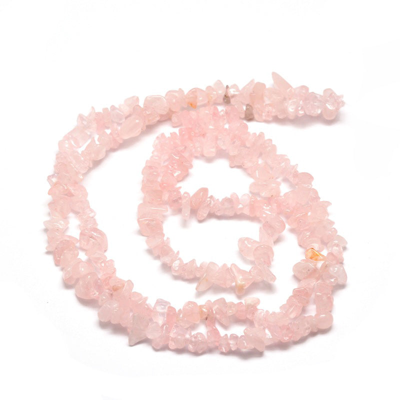 Natural Rose Quartz Chip Bead Strands, Round, Pale Soft Pink Color. Semi-Precious Stone Chip Beads for Jewelry Making. Affordable High Quality Beads for Jewelry Making.  Size: approx. 5~8mm wide, 5~8mm long, hole: 1mm; about 31.5 inches long.