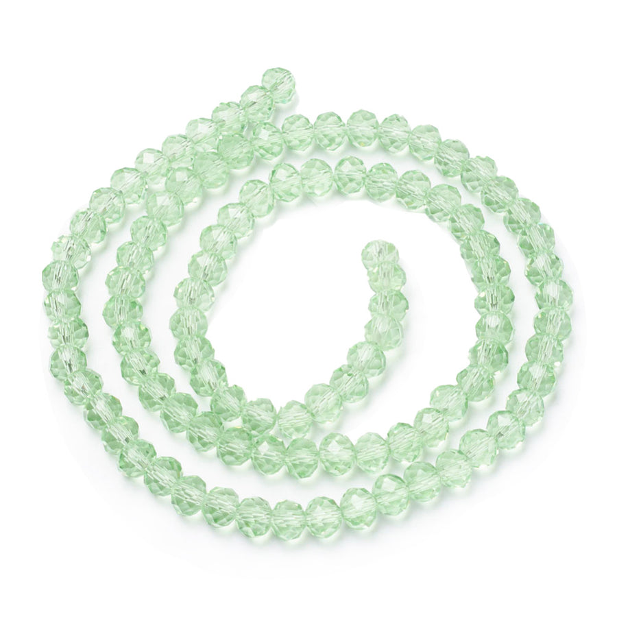Glass Crystal Beads, Faceted, Pale Light Green Color, Rondelle, Glass Crystal Bead Strands. Shinny Crystal Beads for Jewelry Making.  Size: 10mm Diameter, 7mm Thick, Hole: 1mm; approx. 60-65pcs/strand, 16" inches long.  Material: The Beads are Made from Glass. Glass Crystal Beads, Rondelle, Light Green Color Austrian Crystal Imitation Beads. Polished, Shinny Finish.