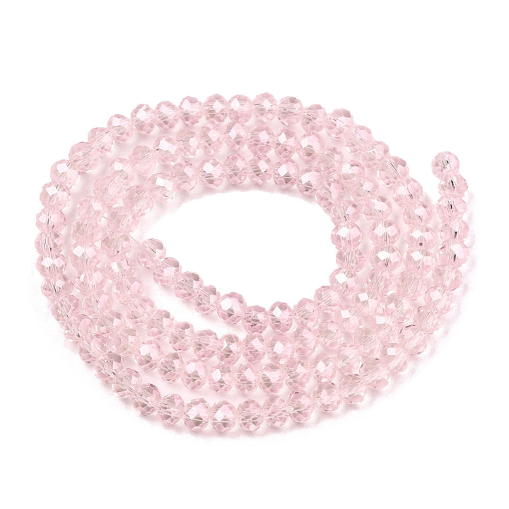 Glass Crystal Beads, Faceted, Light Pale Pink Color, Rondelle, Glass Crystal Bead Strands. Shinny Crystal Beads for Jewelry Making.  Size: 8mm Diameter, 6mm Thick, Hole: 1mm; approx. 65-68pcs/strand, 16" inches long.  Material: The Beads are Made from Glass. Glass Crystal Beads, Rondelle, Light Pink Colored Beads. Polished, Shinny Finish.