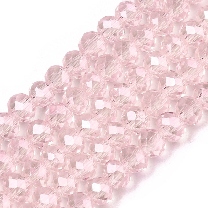 Glass Crystal Beads, Faceted, Light Pale Pink Color, Rondelle, Glass Crystal Bead Strands. Shinny Crystal Beads for Jewelry Making.  Size: 8mm Diameter, 6mm Thick, Hole: 1mm; approx. 65-68pcs/strand, 16" inches long.  Material: The Beads are Made from Glass. Glass Crystal Beads, Rondelle, Light Pink Colored Beads. Polished, Shinny Finish.