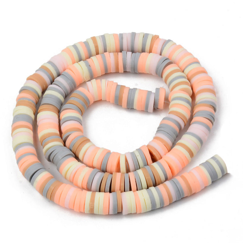 Handmade Polymer Clay Beads, Flat Disc Shape, Peach and Silver Multi-Color. Polymer Clay Heishi Spacer Beads for DIY Jewelry Making. Great Addition to any Bracelet Design. 6mm High Quality Polymer Clay, Heishi Loose Beads. Multi-Color Peach & Silver Disc Shaped Lightweight Beads. Smooth Finish.