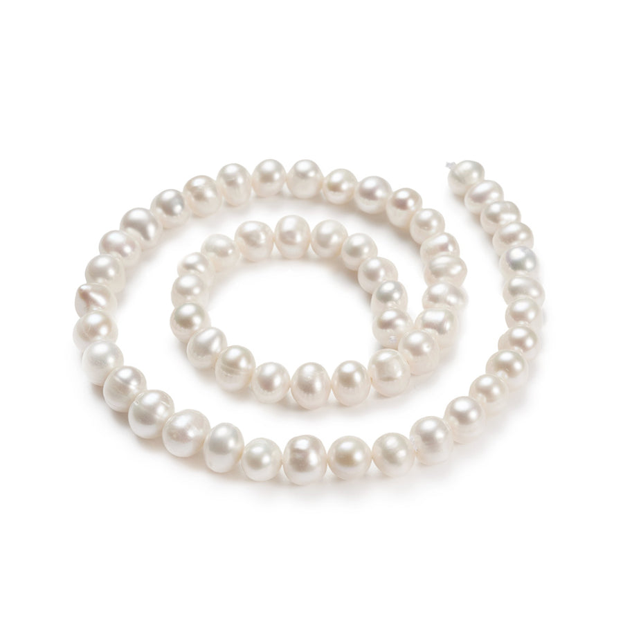 Freshwater Pearl Beads, Potato Shape, Floral White Color. Natural Pearls for DIY Jewelry.  Material: Premium Grade "A" Pearl Beads. Cultured Freshwater Pearls, Round Oval, Floral White Color.   Size: 7-8mm Diameter, Hole: 0.8mm, approx. 58pcs/strand, 15 inch/strand.