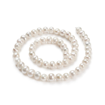 Freshwater Pearl Beads, Potato Shape, Floral White Color. Natural Pearls for DIY Jewelry.  Material: Premium Grade "A" Pearl Beads. Cultured Freshwater Pearls, Round Oval, Floral White Color.   Size: 7-8mm Diameter, Hole: 0.8mm, approx. 58pcs/strand, 15 inch/strand.