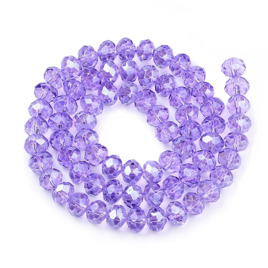 Pearl Luster Plated Glass Beads, Faceted, Rondelle, Lilac Purple Color, Glass Crystal Beads for Jewelry Making.

Sizes:

4mm Diameter, 3-3.5mm Thick, Hole: 1mm; approx. 120pcs/strand, 15" inches long.

6mm Diameter, 4.5mm Thick, Hole: 1mm; approx. 80pcs/strand, 15" inches long.

8mm Diameter, 6mm Thick, Hole: 1mm; approx. 64pcs/strand, 15" inches long.

Material: The Beads are Made from Glass;Pearl Luster Plated Glass Crystal Beads, Rondelle, Lilac Color. Sparkling, Shinny Finish.