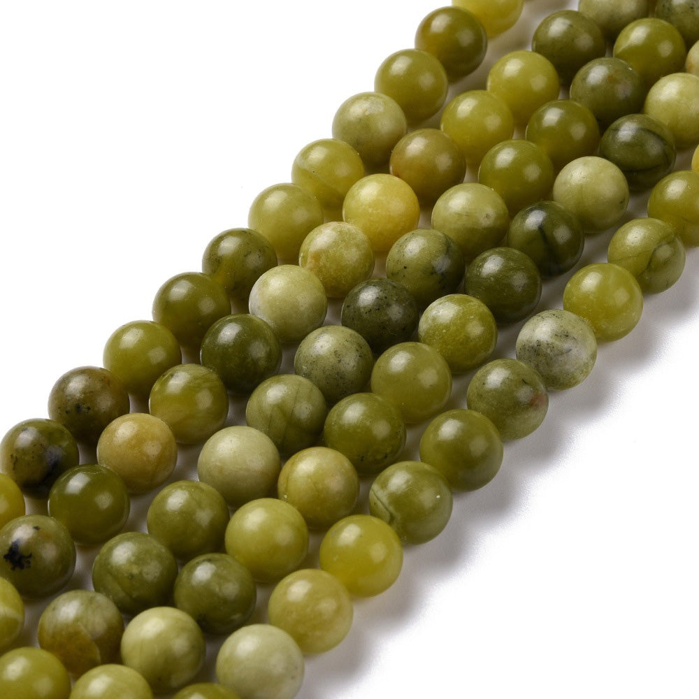 Peridot Beads, Round, Green Color. Semi-precious Stone Beads for Making Beaded Jewelry.  Size: 8mm Diameter, Hole: 1mm; 45-47 pcs, approx. 14 inches long.  Material: Genuine Natural Peridot Stone Beads. Green Color, Polished Finish.