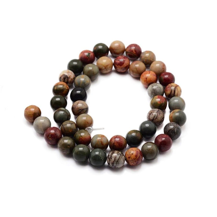 Natural Picasso Jasper Beads, Round, Dark Red Multi Color. Semi-Precious Gemstone Beads for Jewelry Making. Affordable High Quality Beads, Great for Stretch Bracelets.  Size: 10mm Diameter, Hole: 1mm; approx. 36pcs/strand, 15" inches long. www.beadlot.com