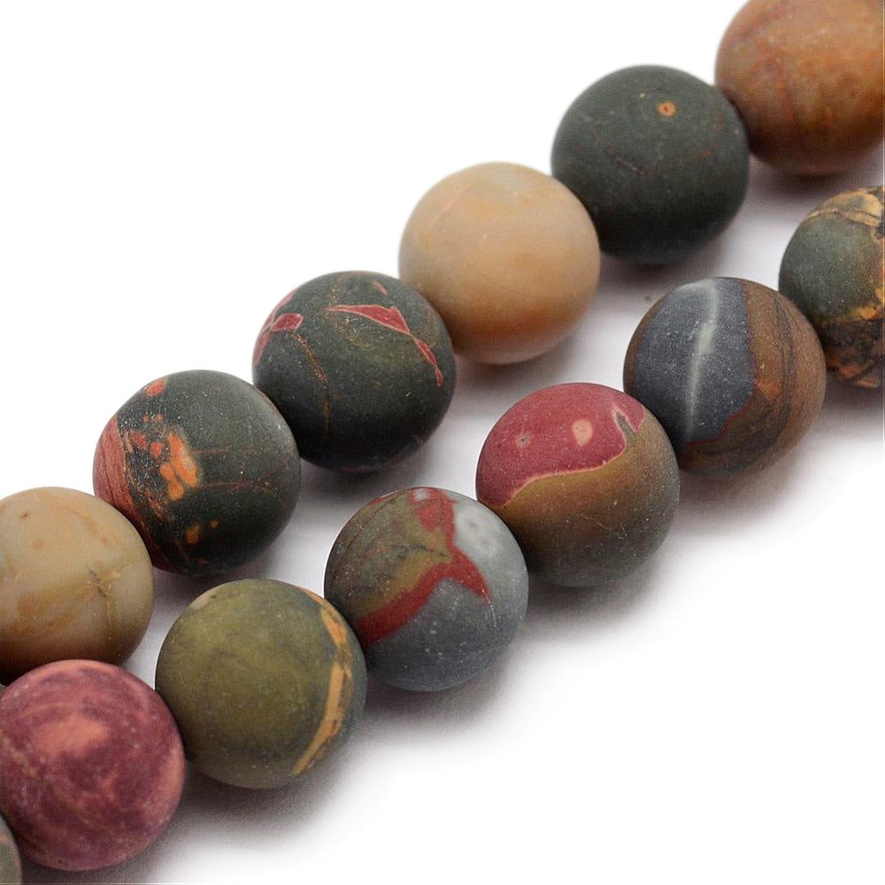 Frosted Natural Picasso Jasper Beads, Round, Dark Red Multi Color. Semi-Precious Gemstone Beads for Jewelry Making. Great for making Mala Bracelets.  Size: 10mm Diameter, Hole: 1mm; approx. 38pcs/strand, 15" inches long.  Material: The Beads are Genuine Picasso Jasper Stone. Unpolished, Matte Finish.