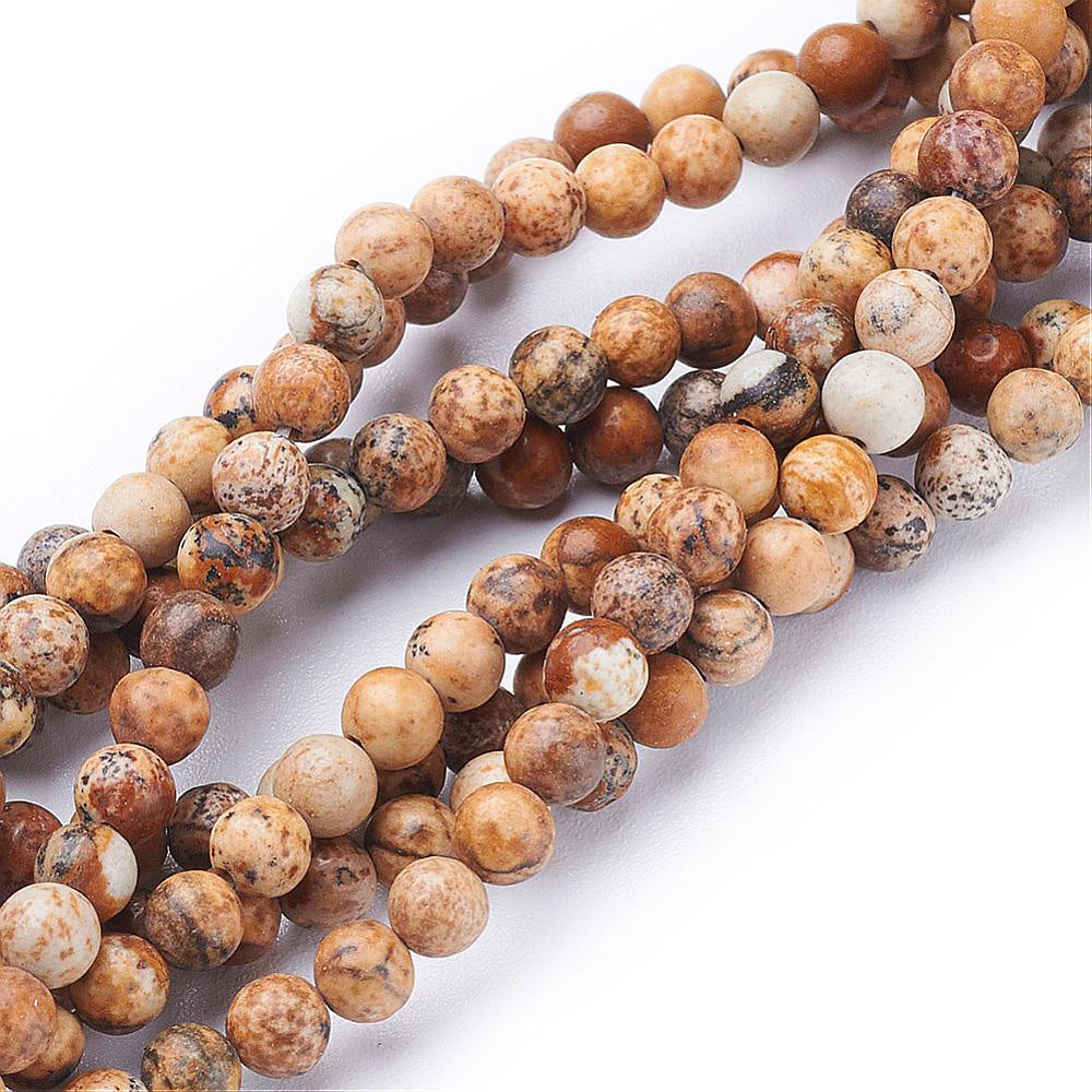Natural Picture Jasper Beads, Brown Color. Semi-precious Gemstone Beads for DIY Jewelry Making.   Size: 4mm Diameter, Hole: 0.8mm, approx. 90pcs/strand. 15" inches long.  Material: Genuine Natural Picture Jasper Stone Beads, Light Brown Color. Shinny, Polished Finish.