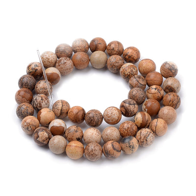 Natural Picture Jasper Beads, Brown Color. Semi-precious Gemstone Beads for DIY Jewelry Making.   Size: 8mm Diameter, Hole: 1.5mm, approx. 44pcs/strand. 14.5" inches long.  Material: Genuine Natural Picture Jasper Stone Beads, Light Brown Color. Shinny, Polished Finish.