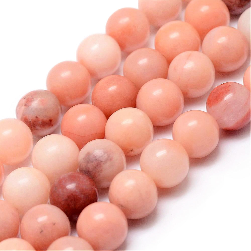 Natural Pink Aventurine Beads, Round, Soft Coral Pink Color. Semi-Precious Polished Aventurine Beads for Jewelry Making. Great for Mala Bracelets and Necklaces.  Size: 10mm Diameter, Hole: 1mm; approx. 38pcs/strand, 14.5" inches long.