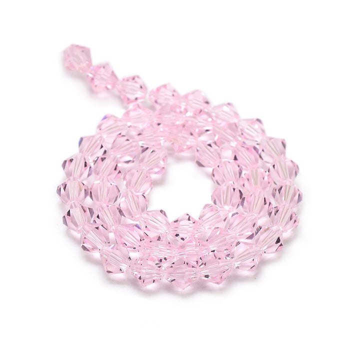 Glass Beads, Faceted, Pink Color, Bicone, Crystal Beads for Jewelry Making.  Size: 4mm Length, 4mm Width, Hole: 1mm; approx. 65pcs/strand, 13.75" inches long.  Material: The Beads are Made from Glass. Austrian Crystal Imitation Glass Crystal Beads, Bicone, Pink Colored Beads. Polished, Shinny Finish. 