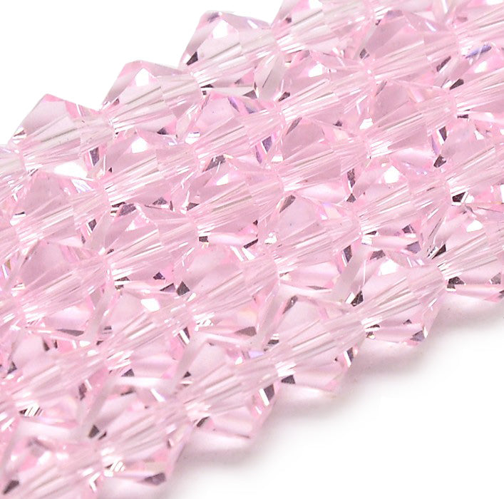 Glass Beads, Faceted, Pink Color, Bicone, Crystal Beads for Jewelry Making.  Size: 4mm Length, 4mm Width, Hole: 1mm; approx. 65pcs/strand, 13.75" inches long.  Material: The Beads are Made from Glass. Austrian Crystal Imitation Glass Crystal Beads, Bicone, Pink Colored Beads. Polished, Shinny Finish. 