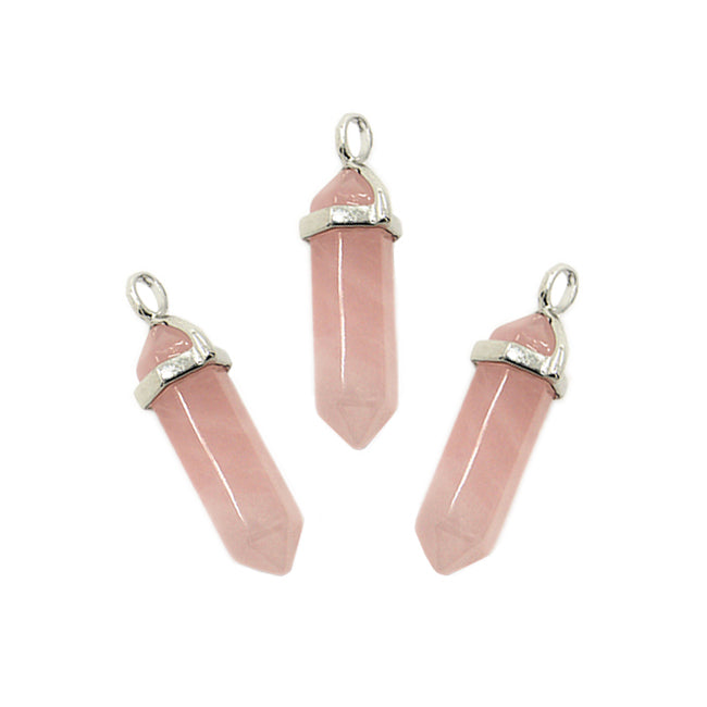 Natural Rose Quartz Pendants, Pink Color. Semi-precious Gemstone Pendant for DIY Jewelry Making. Gorgeous Centre Piece for Necklaces.   Size: 38-45mm Length, 12mm Diameter, Hole: 3x5mm, 1pcs/package.  Material: Genuine Natural Rose Quartz Stone Pendant, Platinum Toned Brass Findings, Hexagon Shaped Bead Cap Bails. High Quality, Double Terminated Stone Pendants. Shinny, Polished Finish. Soft Pink Color.