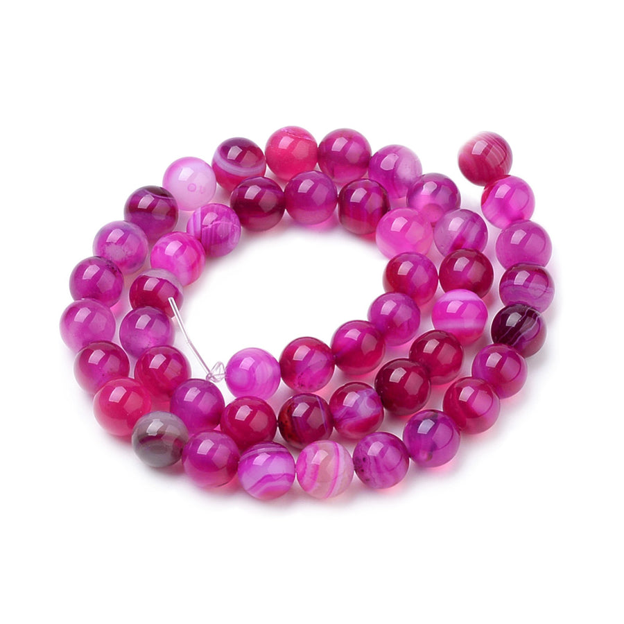 Fuchsia Striped Agate Beads, Round, Dyed, Pink Banded Agate. Semi-Precious Gemstone Beads for Jewelry Making. Great for Stretch Bracelets and Necklaces.  Size: 8mm Diameter, Hole: 1mm; approx. 47pcs/strand, 14.5" Inches Long  Material: Striped Banded Agate Loose Beads Dyed Hot Pink Color. Polished, Shinny Finish.