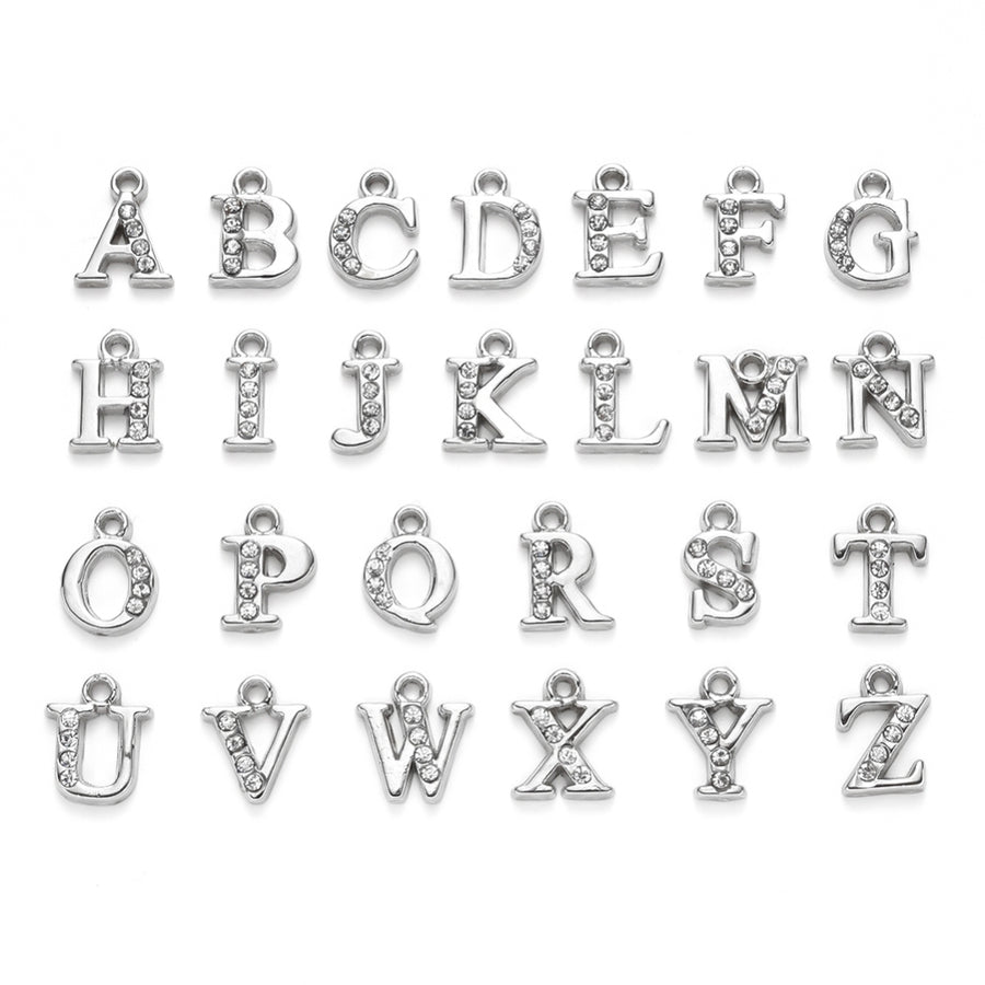 Platinum Alloy Rhinestone Alphabet Charms, Crystal, Platinum Silver Colored Letter A-Z Charms for DIY Jewelry Making. Alphabet Charms for Bracelet and Necklace Making. www.beadlot.com